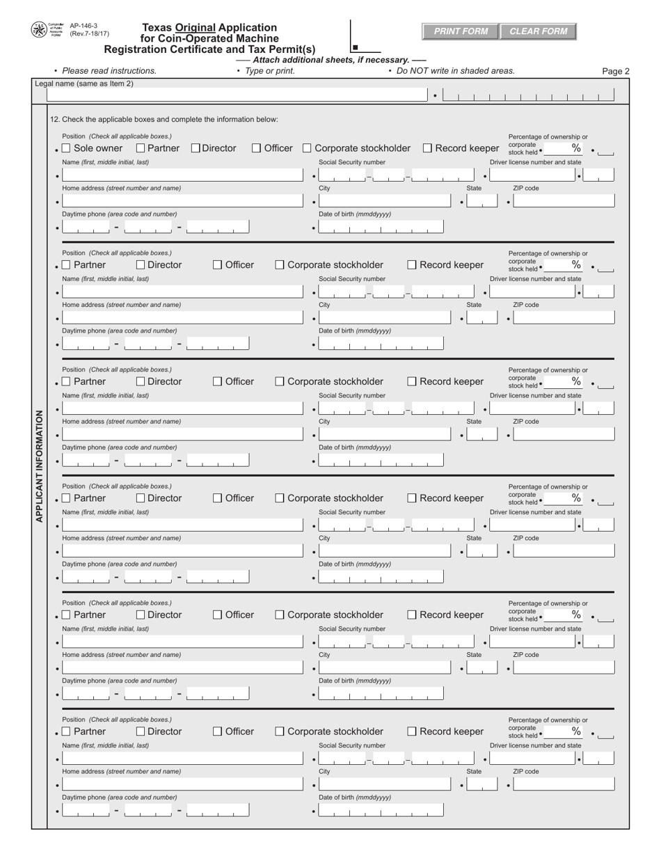 Form AP-146 Texas Original Application for Coin-Operated Machine Registration Certificate and Tax Permit(S) - Texas, Page 3