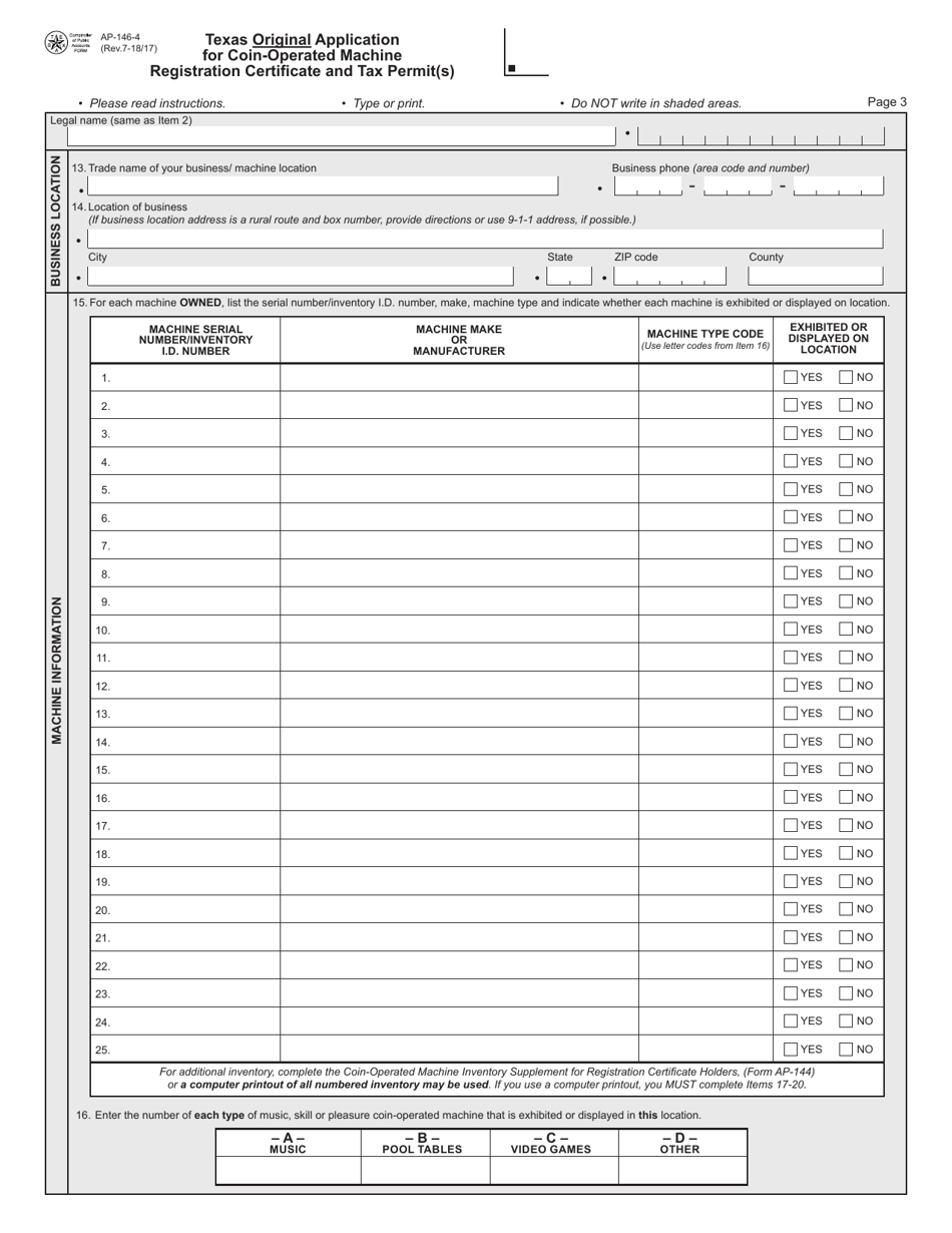 Form AP-146 Texas Original Application for Coin-Operated Machine Registration Certificate and Tax Permit(S) - Texas, Page 4
