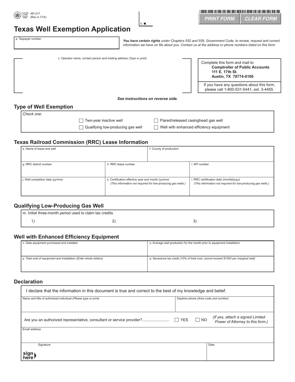 Form AP-217 Texas Well Exemption Application - Texas, Page 1