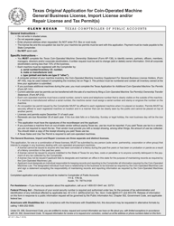 Form AP-147 &quot;Texas Original Application for Coin-Operated Machine General Business License, Import License and/or Repair License and Tax Permit(S)&quot; - Texas