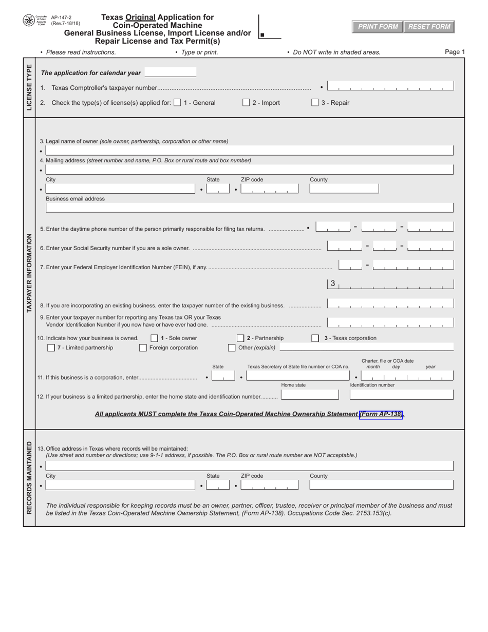 Form AP-147 Texas Original Application for Coin-Operated Machine General Business License, Import License and / or Repair License and Tax Permit(S) - Texas, Page 2