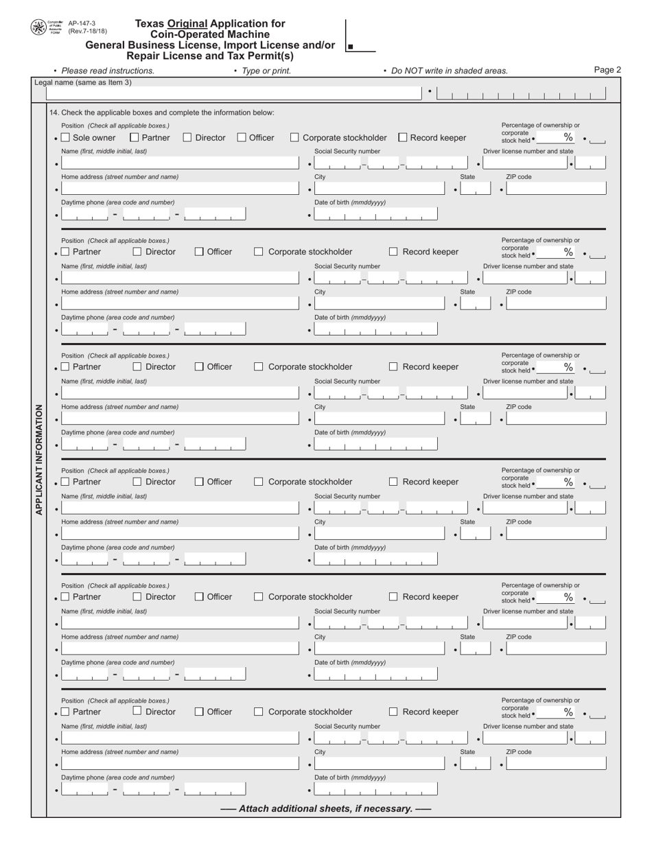 Form AP-147 Texas Original Application for Coin-Operated Machine General Business License, Import License and / or Repair License and Tax Permit(S) - Texas, Page 3