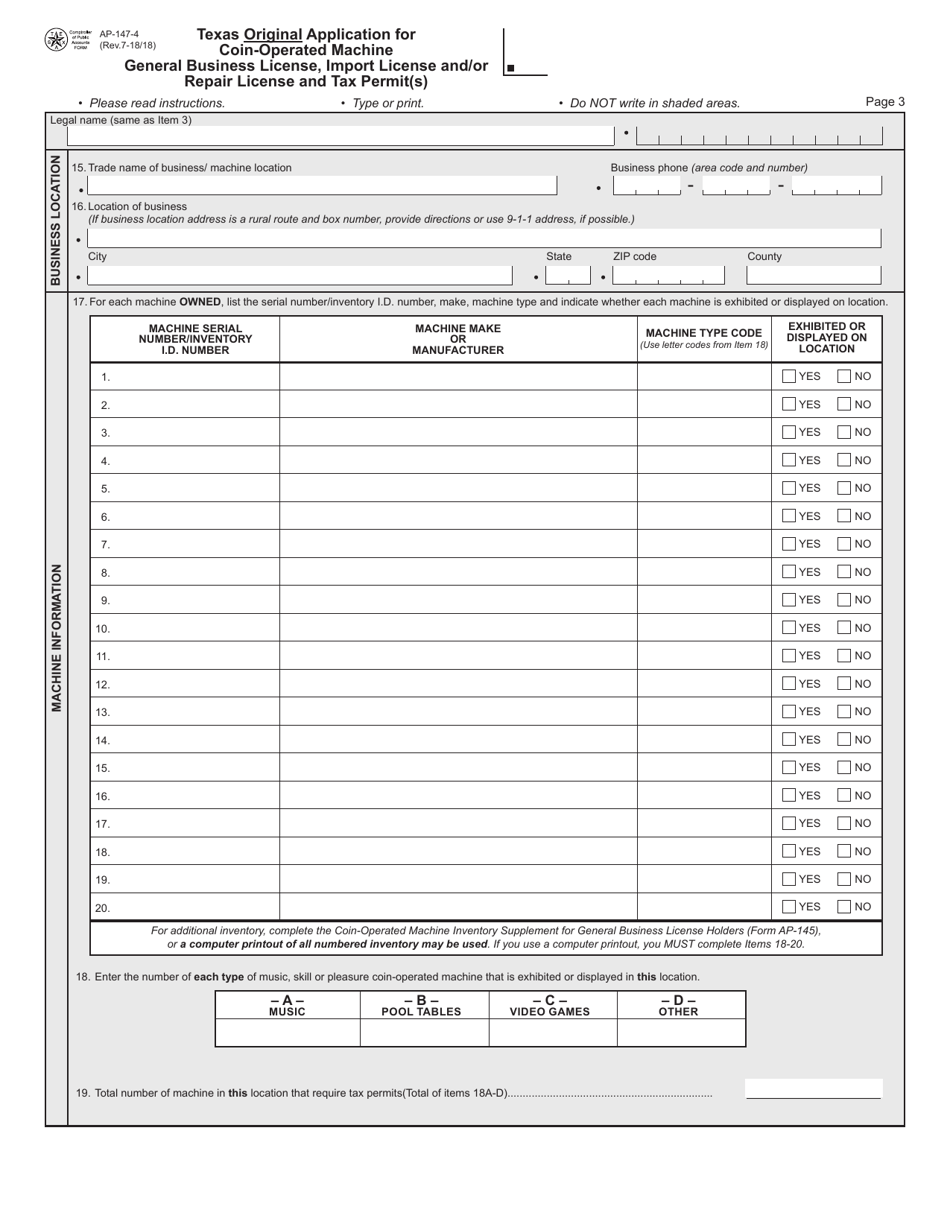 Form AP-147 Texas Original Application for Coin-Operated Machine General Business License, Import License and / or Repair License and Tax Permit(S) - Texas, Page 4