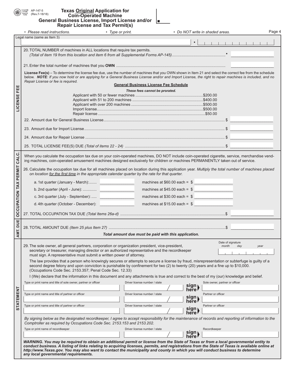 Form AP-147 Texas Original Application for Coin-Operated Machine General Business License, Import License and / or Repair License and Tax Permit(S) - Texas, Page 5