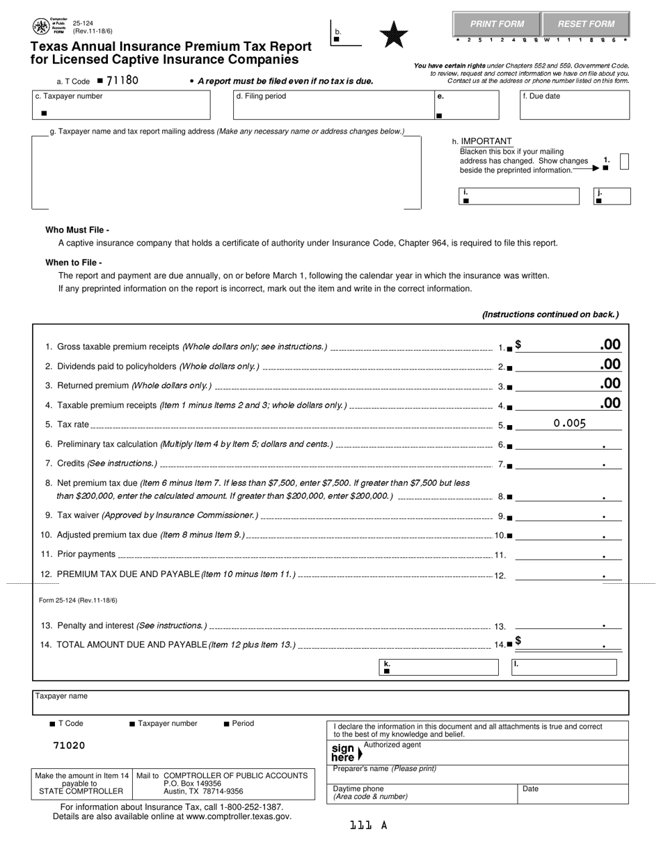 Form 25-124 Texas Annual Insurance Premium Tax Report for Licensed Captive Insurance Companies - Texas, Page 1