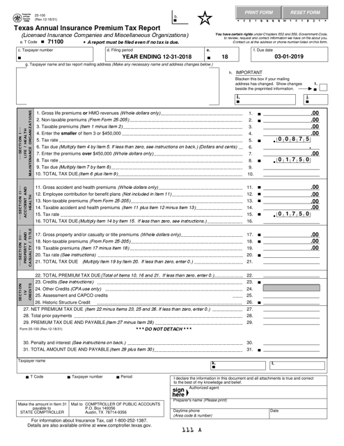 Form 25-100 Texas Annual Insurance Premium Tax Report - Licensed Insurance Companies and Miscellaneous Organizations - Texas