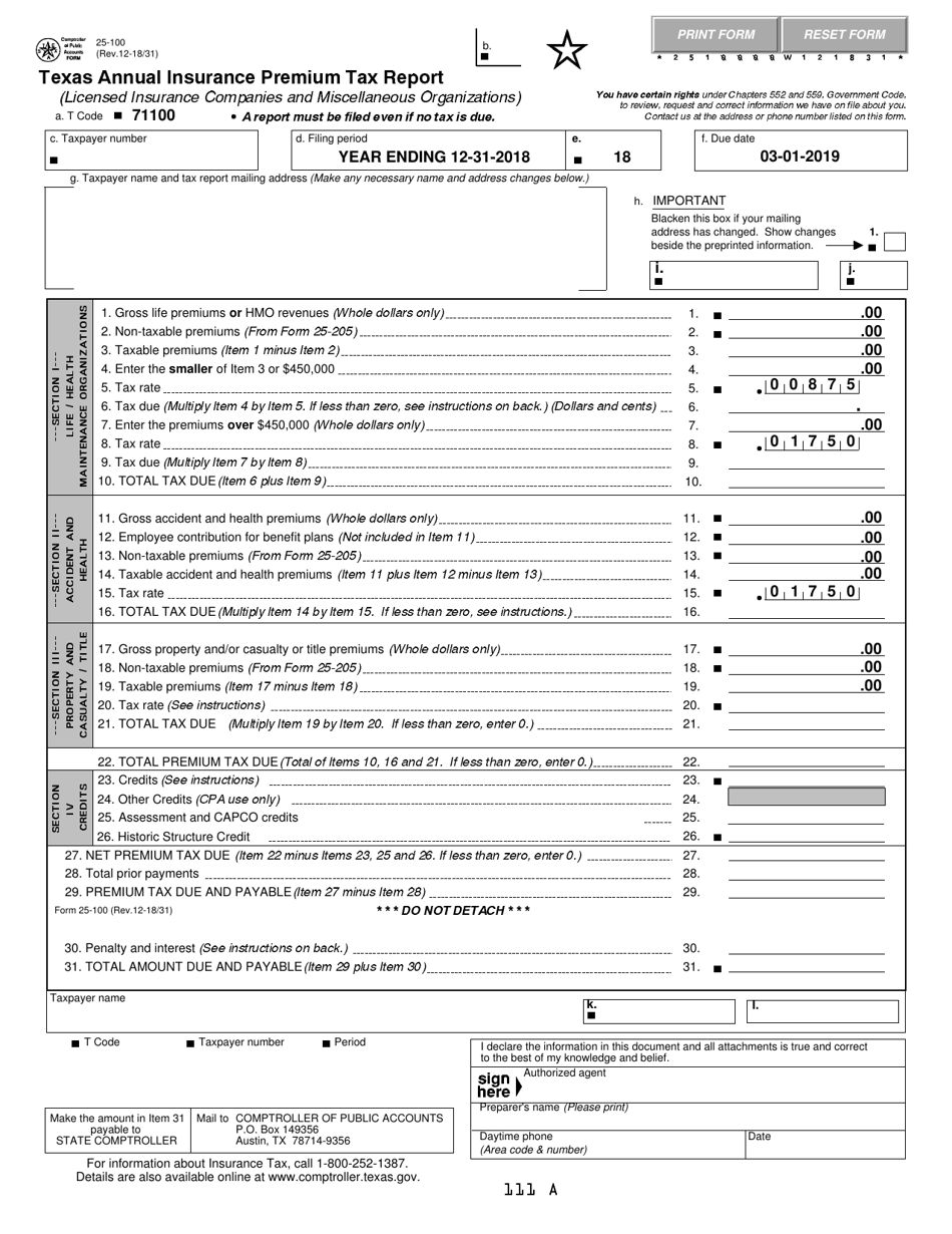 Form 25-100 Texas Annual Insurance Premium Tax Report - Licensed Insurance Companies and Miscellaneous Organizations - Texas, Page 1
