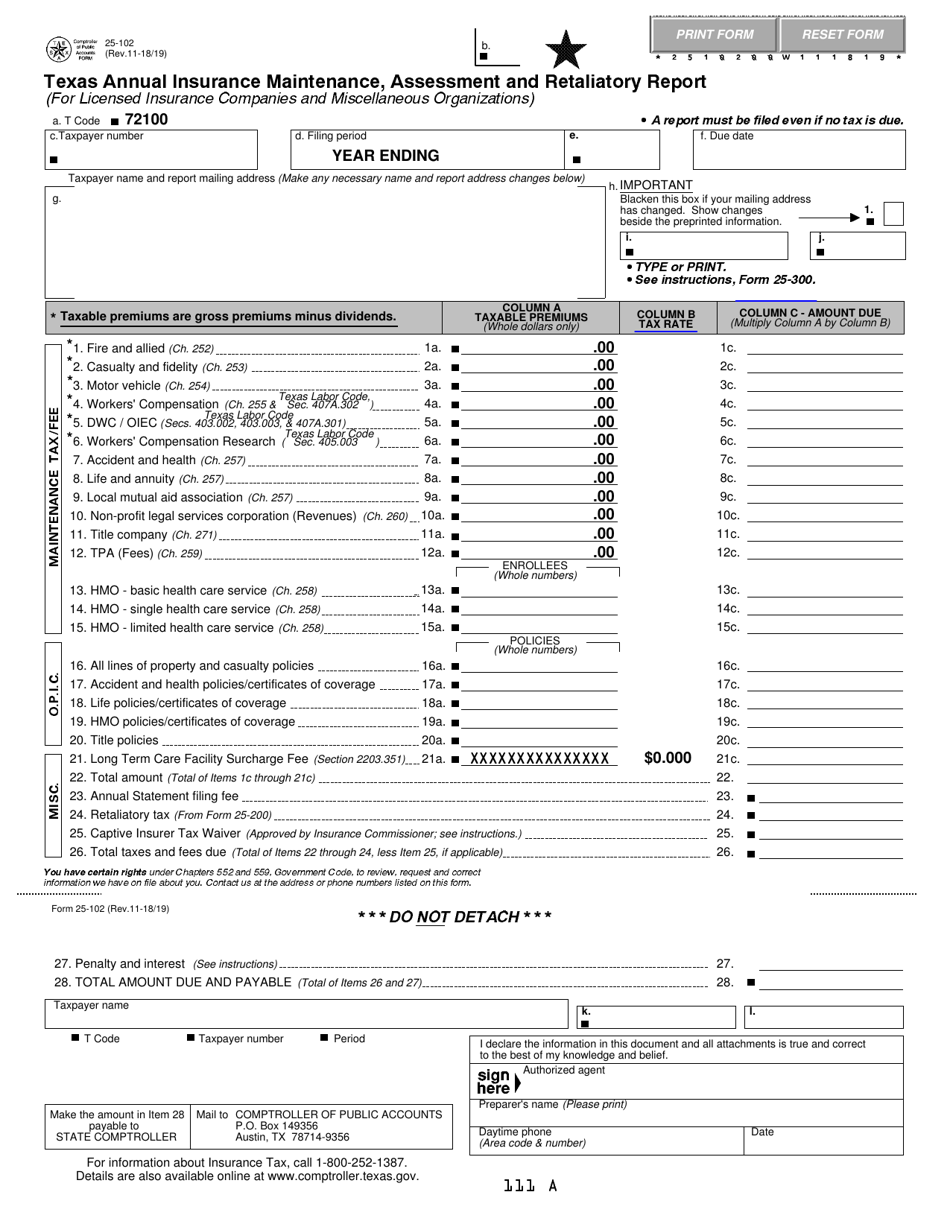 Form 25-102 Texas Annual Insurance Maintenance, Assessment and Retaliatory Report (For Licensed Insurance Companies and Miscellaneous Organizations) - Texas, Page 1