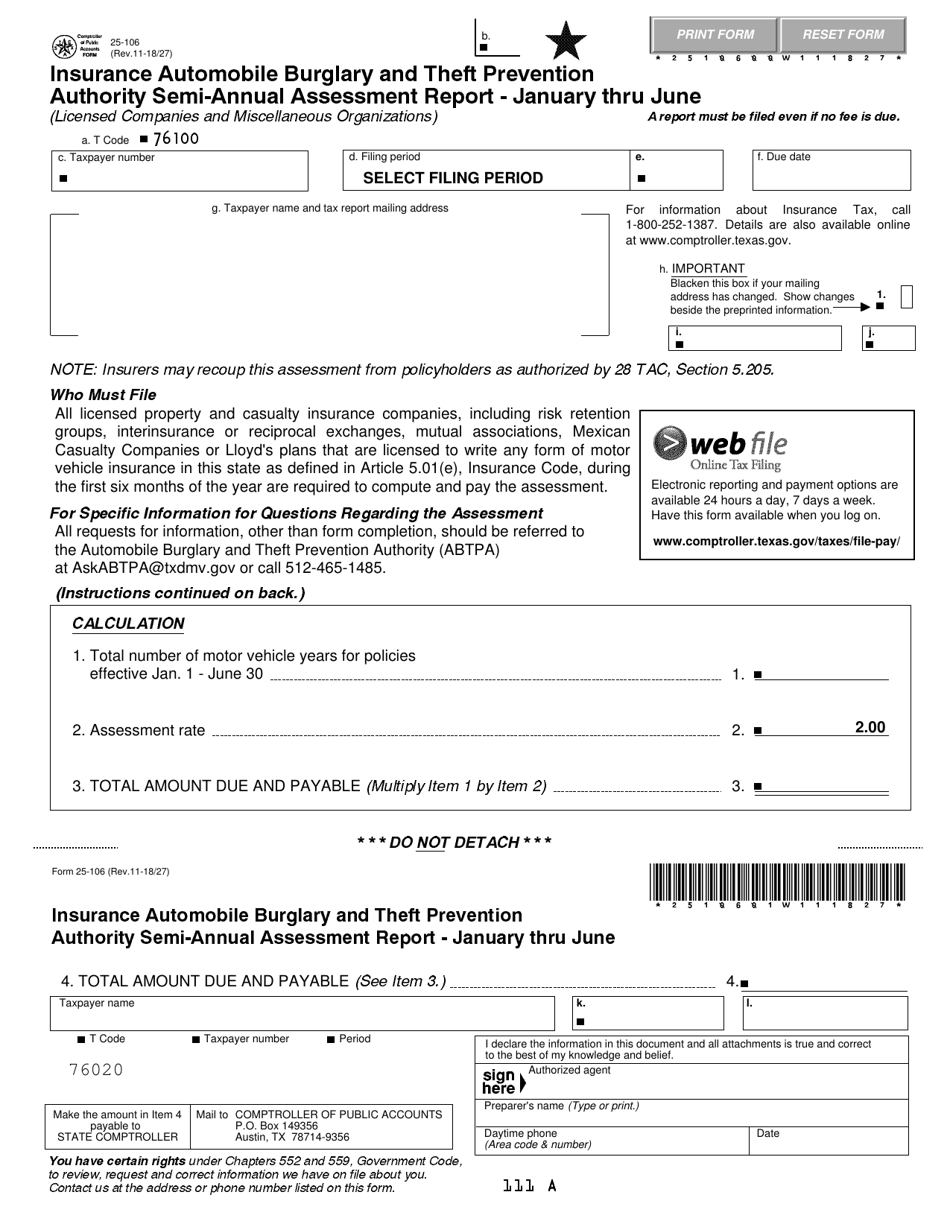 Form 25-106 Insurance Automobile Burglary and Theft Prevention Authority Semi-annual Assessment Report - January Thru June (Licensed Companies and Miscellaneous Organizations) - Texas, Page 1