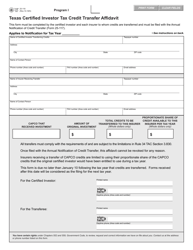Document preview: Form 25-118 Texas Certified Investor Tax Credit Transfer Affidavit - Program I - Texas
