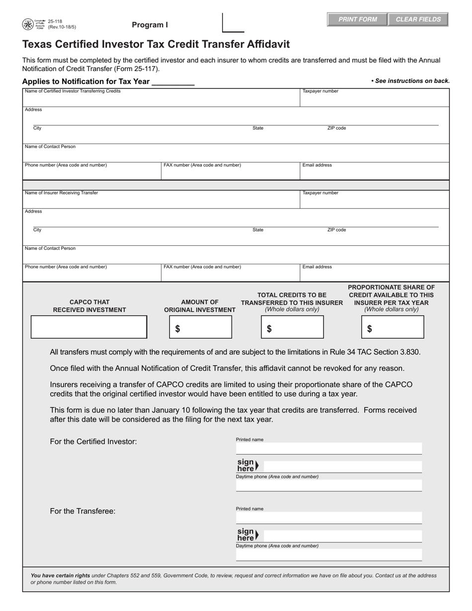Form 25-118 Texas Certified Investor Tax Credit Transfer Affidavit - Program I - Texas, Page 1