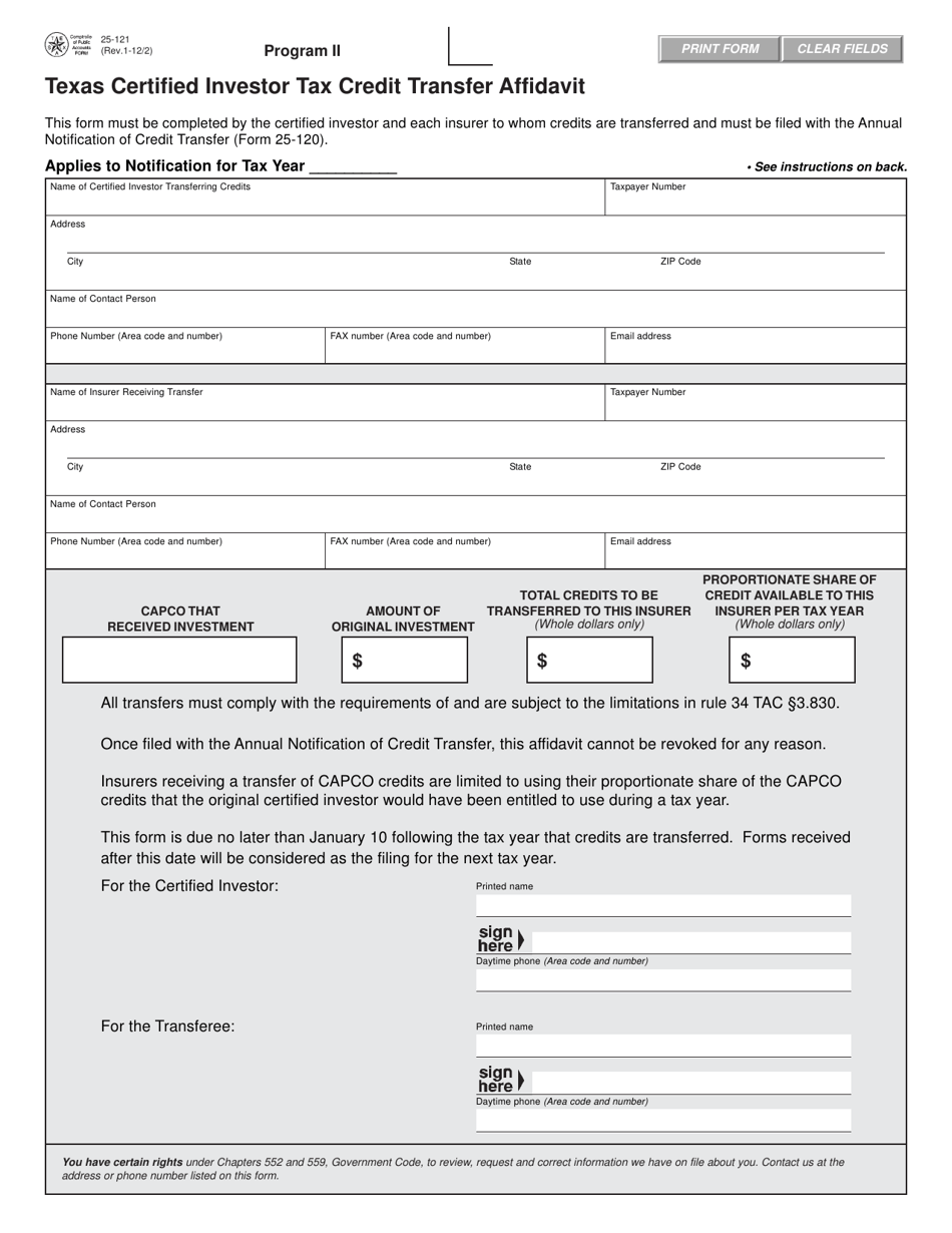 Form 25-121 Texas Certified Investor Tax Credit Transfer Affidavit - Program Ii - Texas, Page 1
