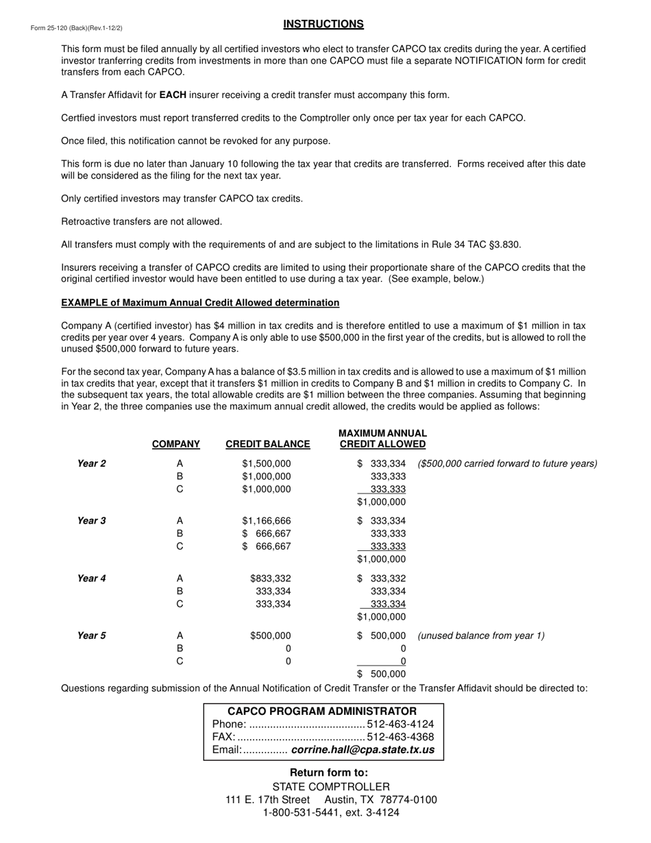 Form 25-120 Texas Certified Investor Annual Notification of Credit Transfer - Program Ii - Texas, Page 2