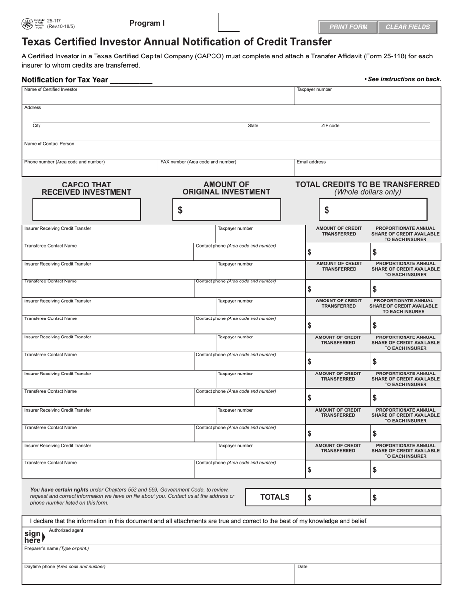 Form 25-117 Texas Certified Investor Annual Notification of Credit Transfer - Program I - Texas, Page 1