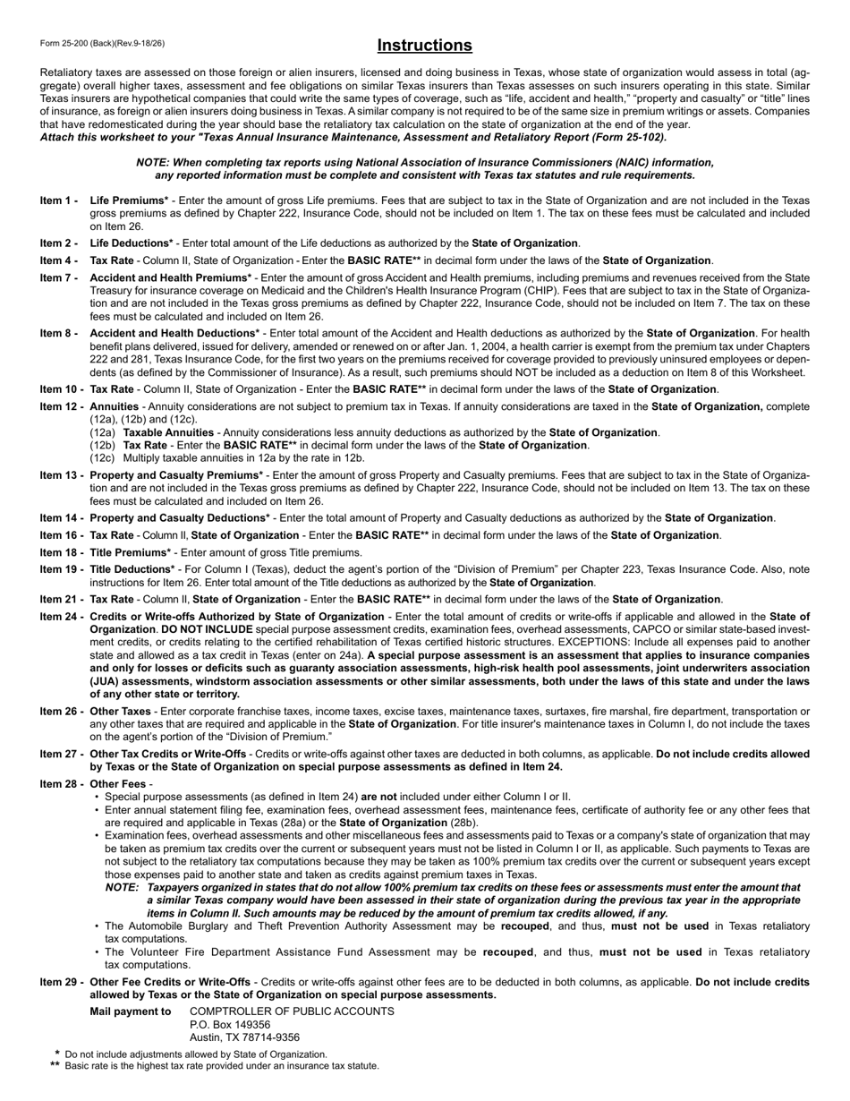 Form 25-200 Retaliatory Worksheet - Insurance (Applicable to Foreign and Alien Taxpayers) - Texas, Page 2