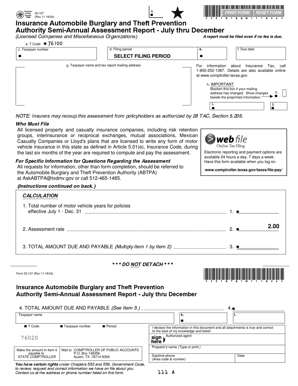 Form 25-107 Insurance Automobile Burglary and Theft Prevention Authority Semi-annual Assessment Report - July Thru December - Texas, Page 1