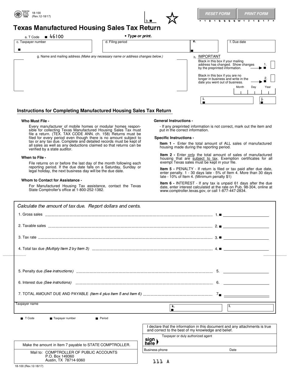 Form 18-100 Texas Manufactured Housing Sales Tax Return - Texas, Page 1
