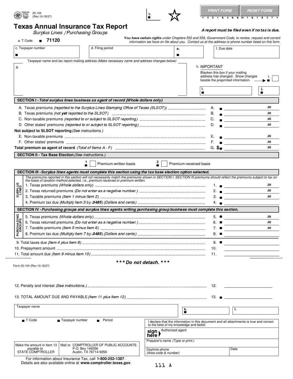 Form 25-104 Texas Annual Insurance Tax Report - Surplus Lines / Purchasing Groups - Texas, Page 1