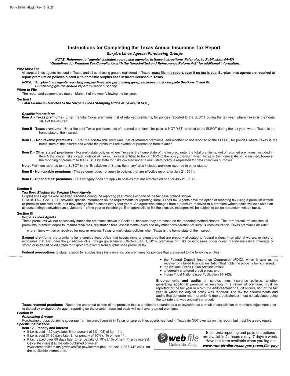 Form 25-104 Texas Annual Insurance Tax Report - Surplus Lines / Purchasing Groups - Texas, Page 2