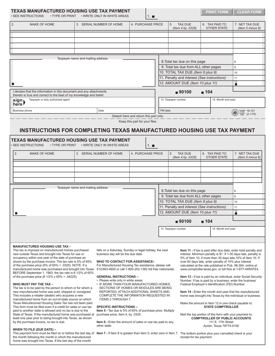 Form 18-101 Texas Manufactured Housing Use Tax Payment - Texas, Page 1