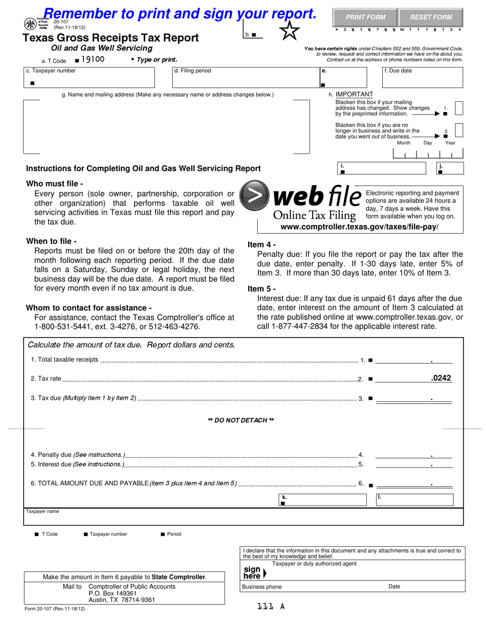 Form 20-107 Texas Gross Receipts Tax Report - Oil and Gas Well Servicing - Texas, Page 1