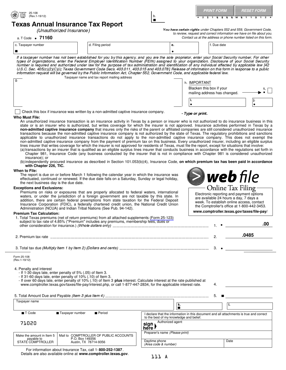 Form 25-108 Texas Annual Insurance Tax Report (Unauthorized Insurance) - Texas, Page 1