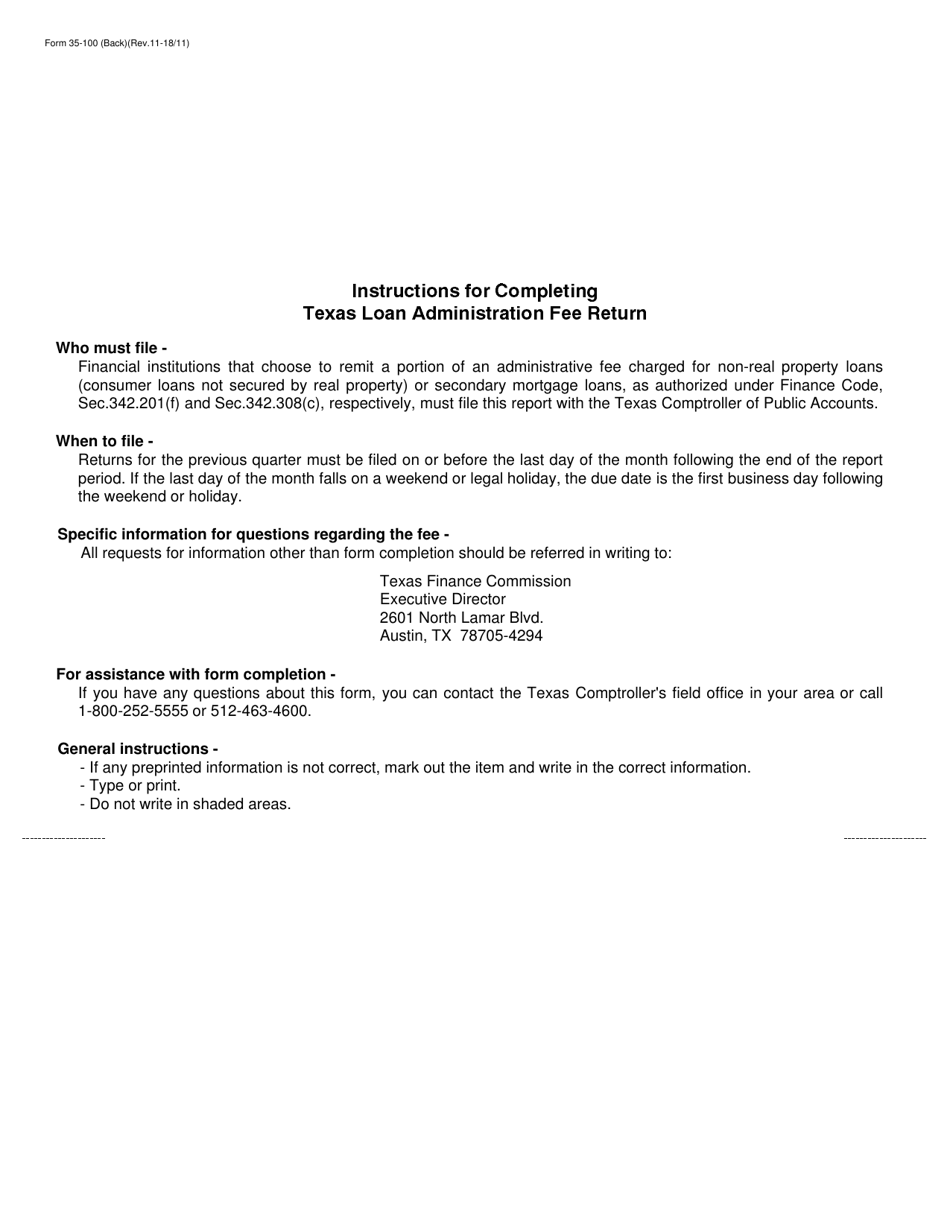 Form 35-100 Texas Loan Administration Fee Return - Texas, Page 2