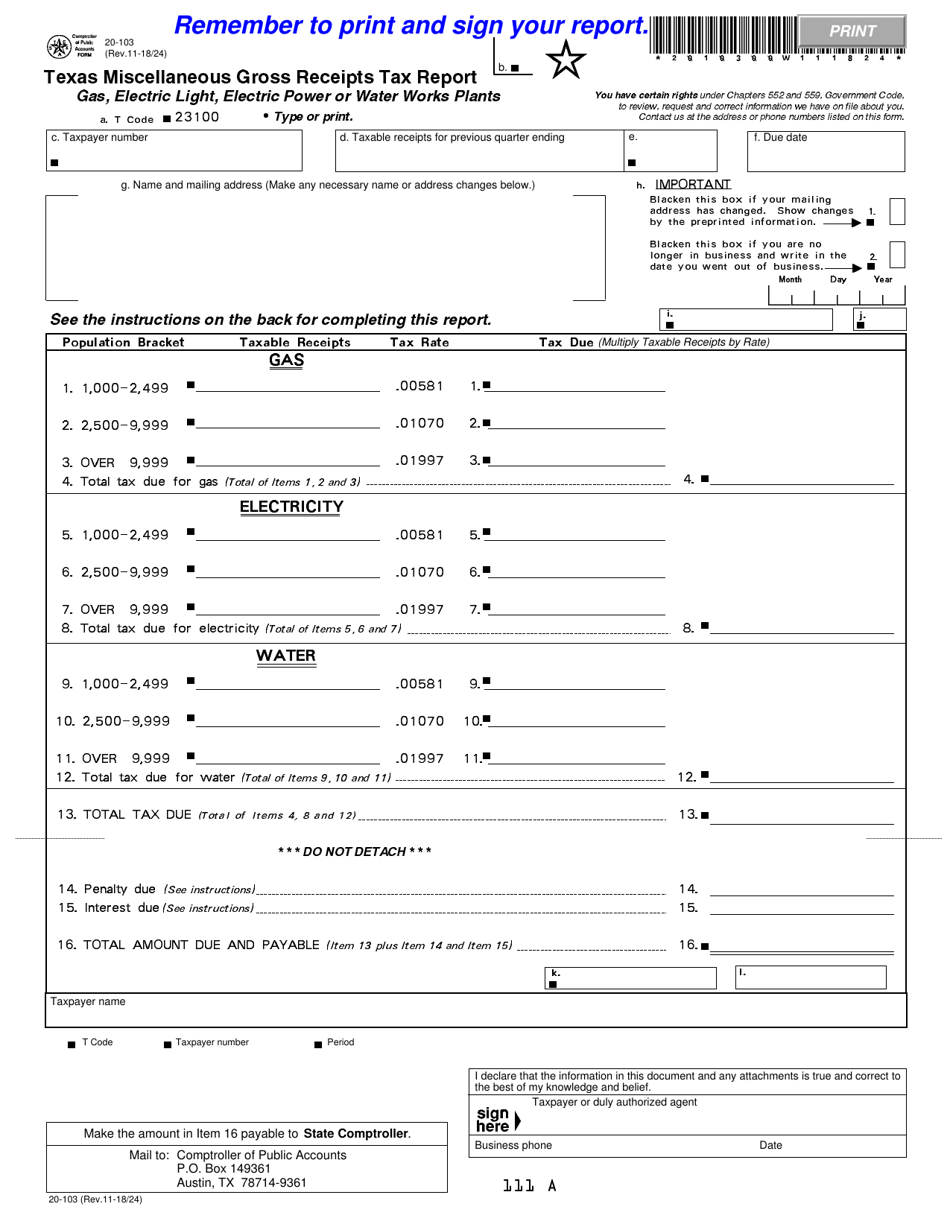 Form 20-103 Miscellaneous Gross Receipts Tax Report - Gas, Electric Light, Electric Power or Water Works Plants - Texas, Page 1