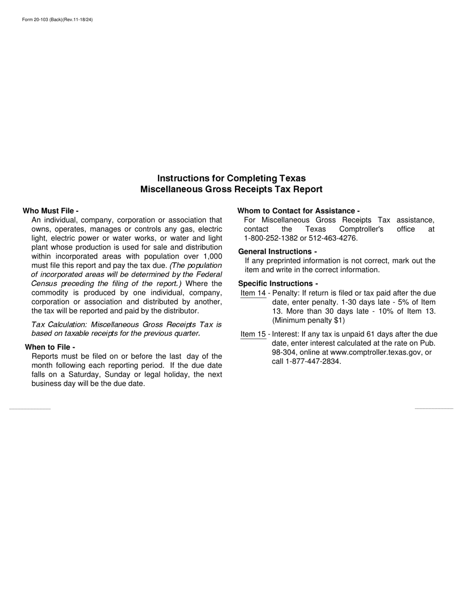 Form 20-103 Miscellaneous Gross Receipts Tax Report - Gas, Electric Light, Electric Power or Water Works Plants - Texas, Page 2