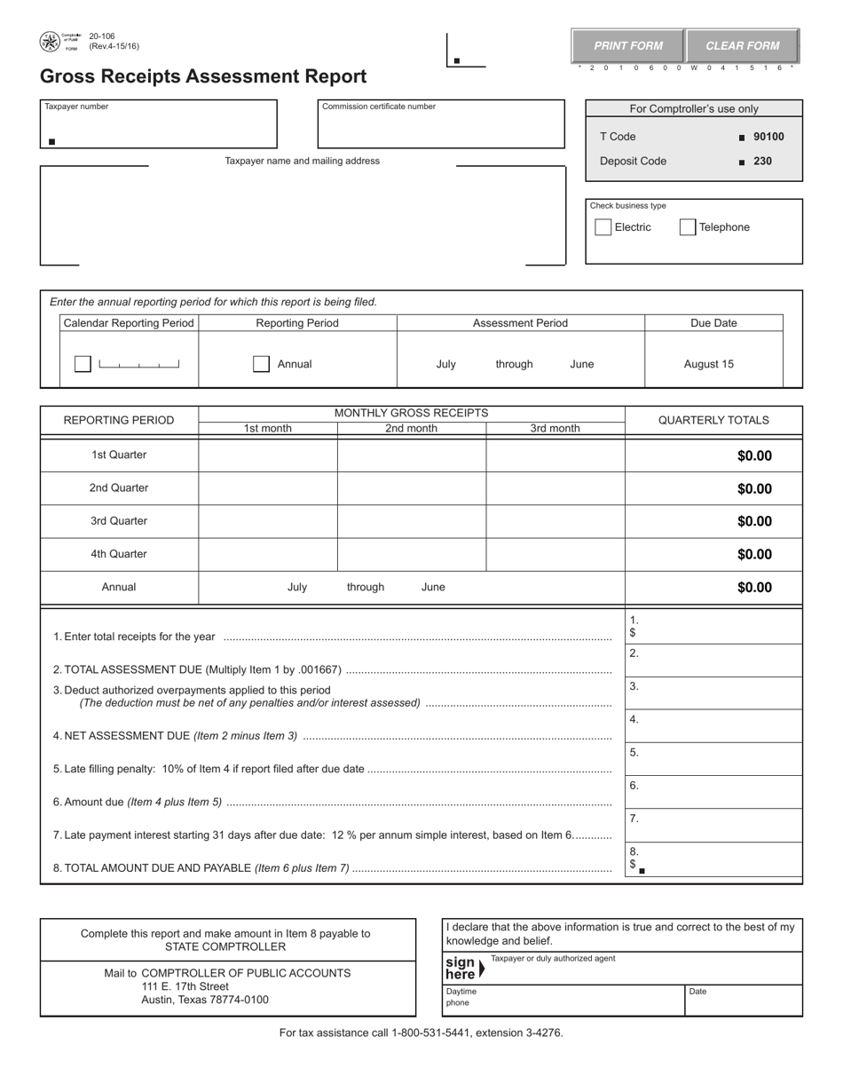 Form 20-106 Gross Receipts Assessment Report - Texas, Page 1