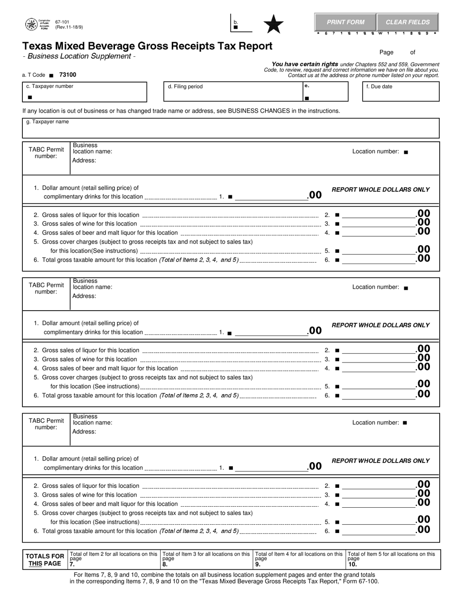 Form 67-101 Texas Mixed Beverage Gross Receipts Tax Report - Business Location Supplement - Texas, Page 1