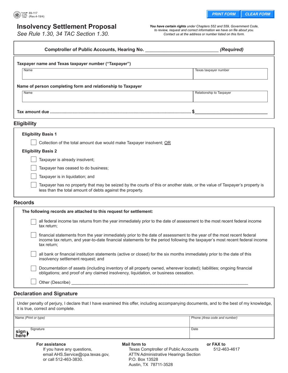 Form 89-117 - Fill Out, Sign Online and Download Fillable PDF, Texas ...