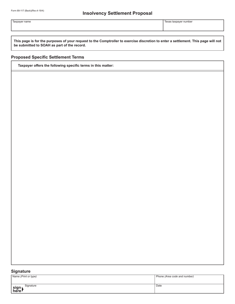 Form 89-117 Insolvency Settlement Proposal - Texas, Page 2