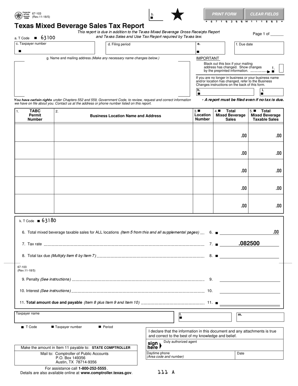 Form 67-103 Texas Mixed Beverage Sales Tax Report - Texas, Page 1