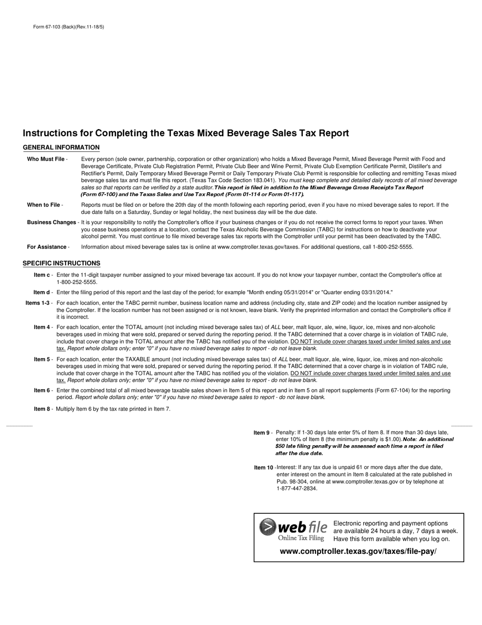 Form 67-103 Texas Mixed Beverage Sales Tax Report - Texas, Page 2