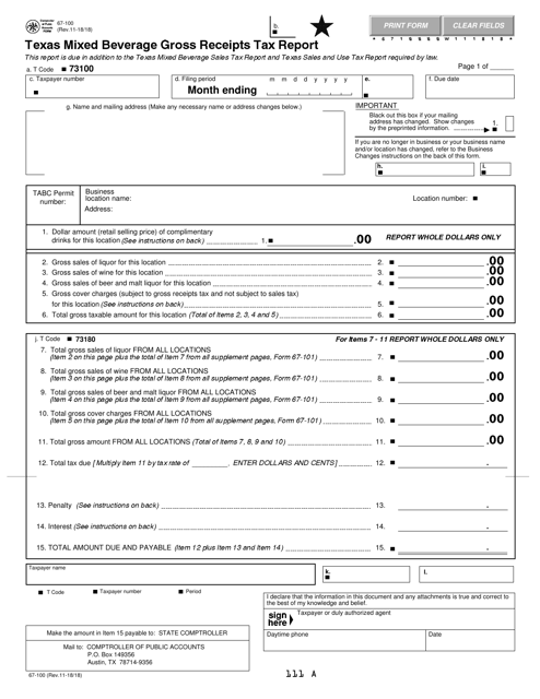 Form 67-100 Texas Mixed Beverage Gross Receipts Tax Report - Texas