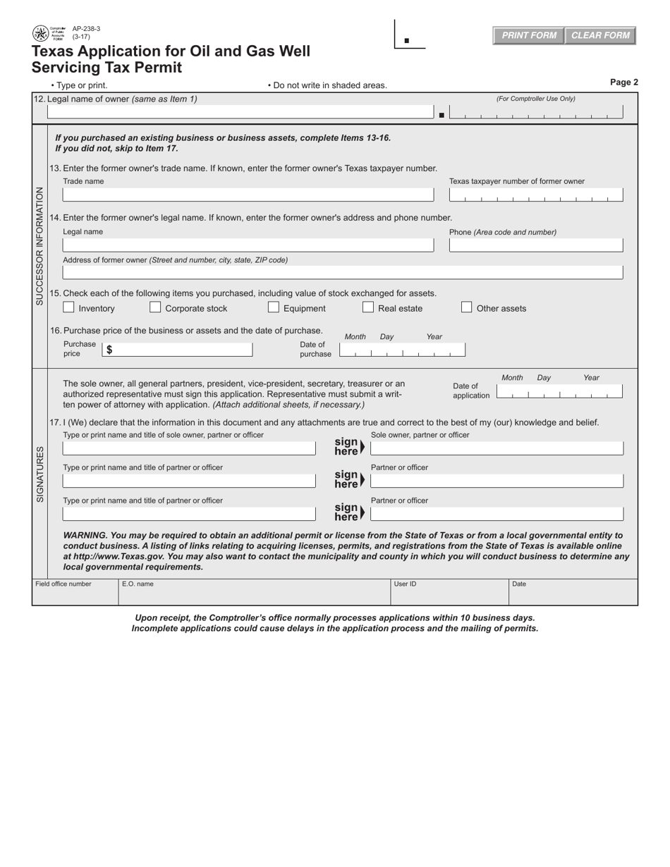 Form AP-238 Texas Application for Oil and Gas Well Servicing Tax Permit - Texas, Page 3