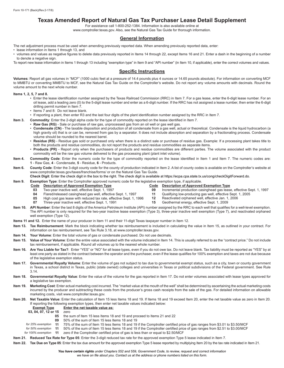 Form 10-171 Amended Natural Gas Tax Purchaser Lease Detail Supplement - Texas, Page 2