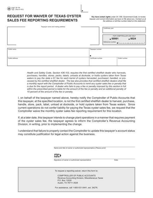 Form 28-104 Request for Waiver of Texas Oyster Sales Fee Reporting Requirements - Texas