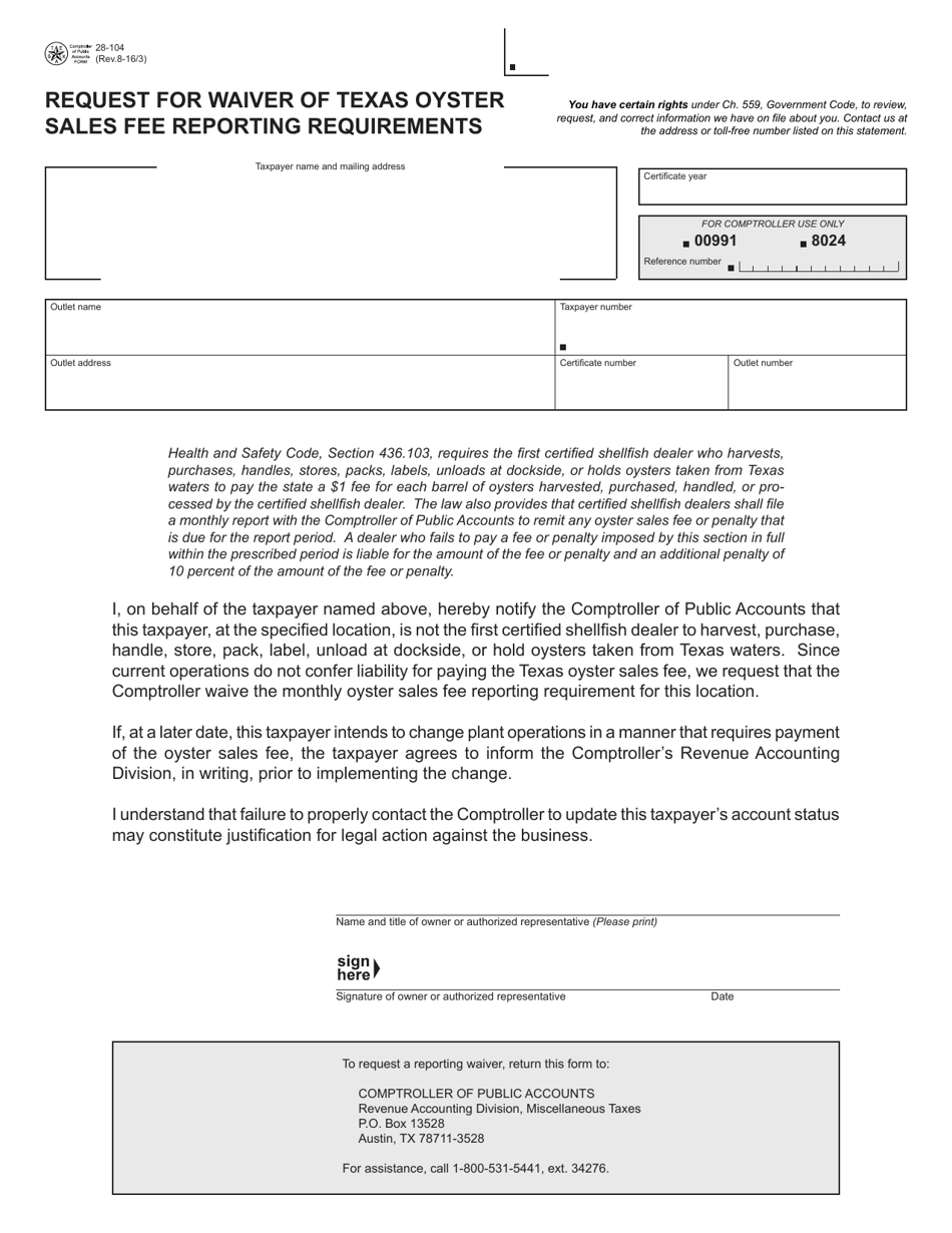 Form 28-104 Request for Waiver of Texas Oyster Sales Fee Reporting Requirements - Texas, Page 1