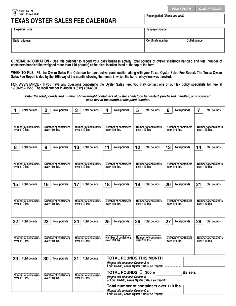 Form 28-102 Texas Oyster Sales Fee Calendar - Texas, Page 1
