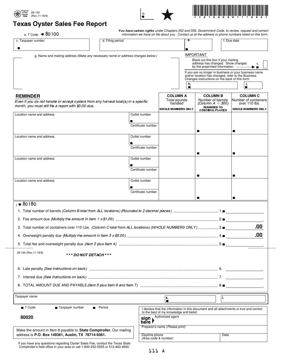 Form 28-100 Texas Oyster Sales Fee Report - Texas, Page 1