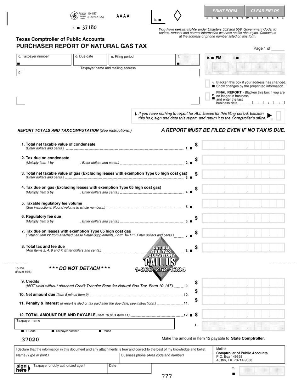 Form 10-157 Purchaser Report of Natural Gas Tax - Texas, Page 1