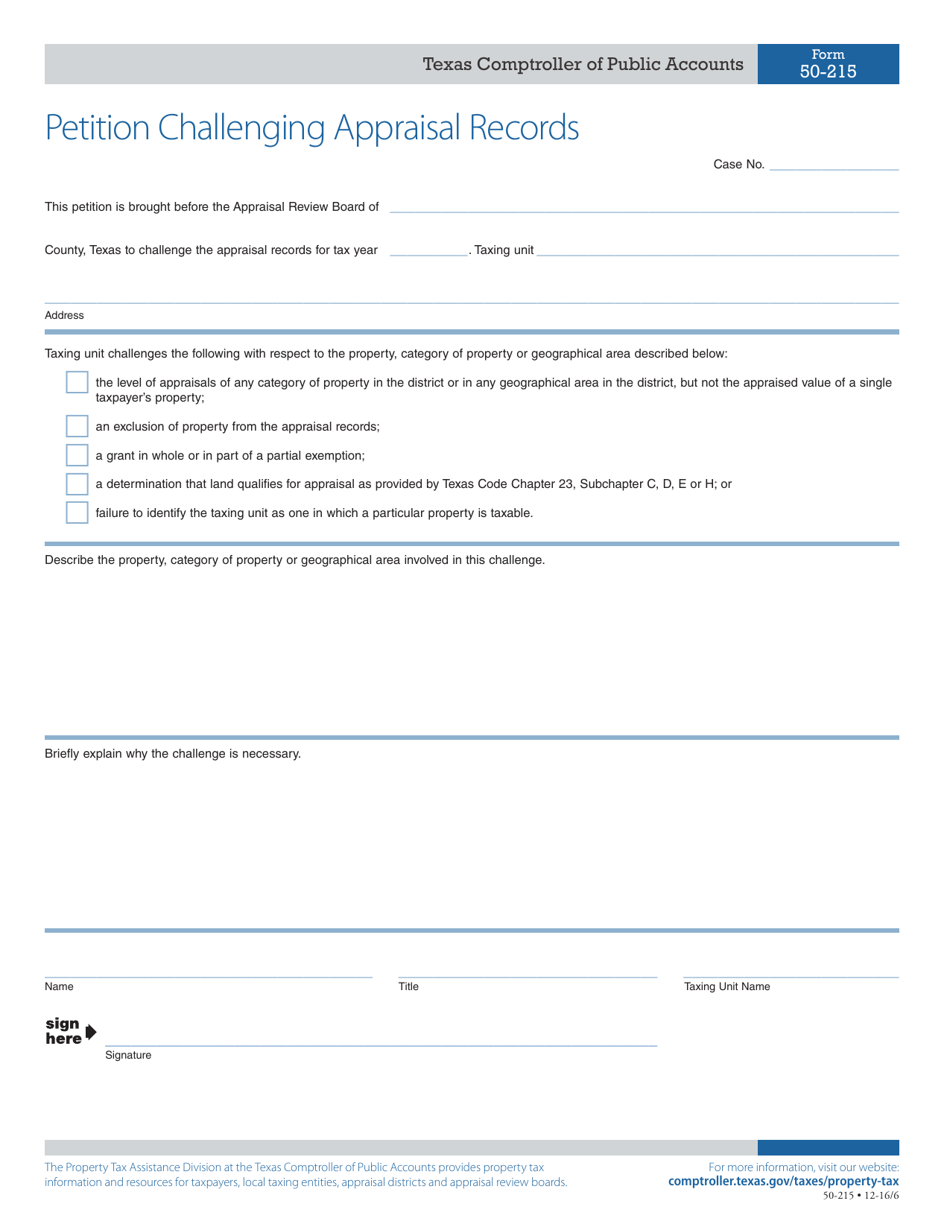Form 50-215 Petition Challenging Appraisal Records - Texas, Page 1