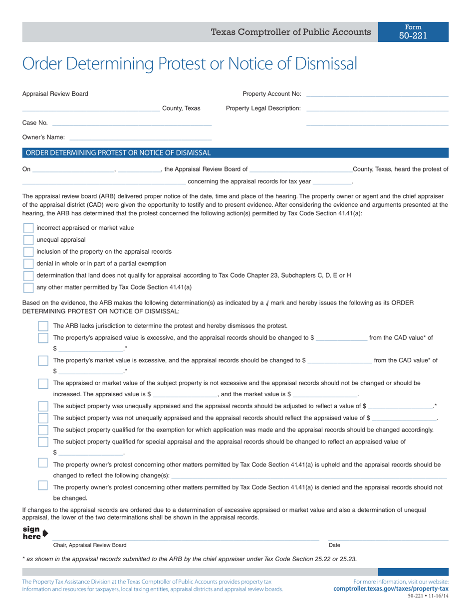 Form 50-221 Order Determining Protest or Notice of Dismissal - Texas, Page 1