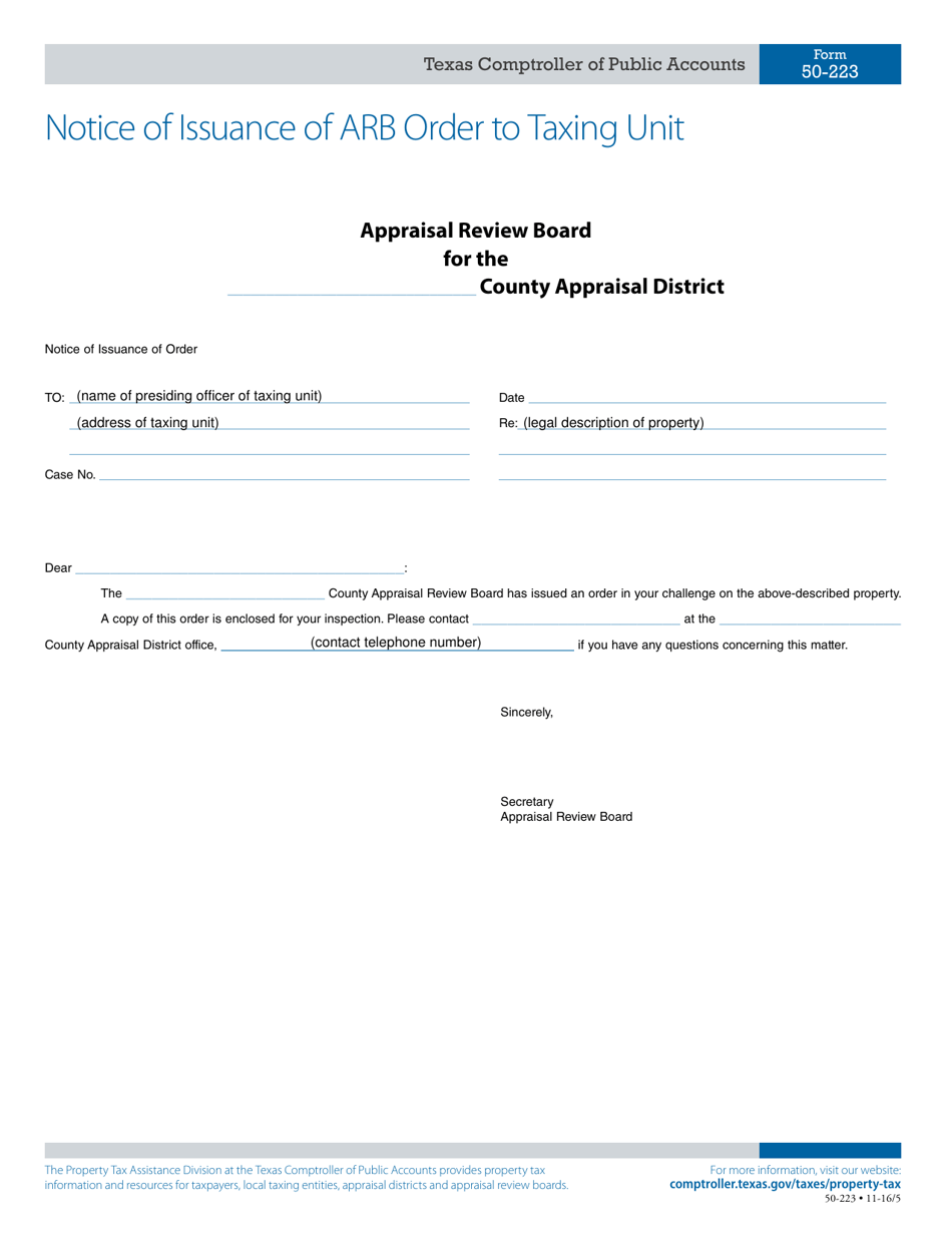 Form 50-223 Notice of Issuance of Arb Order to Taxing Unit - Texas, Page 1