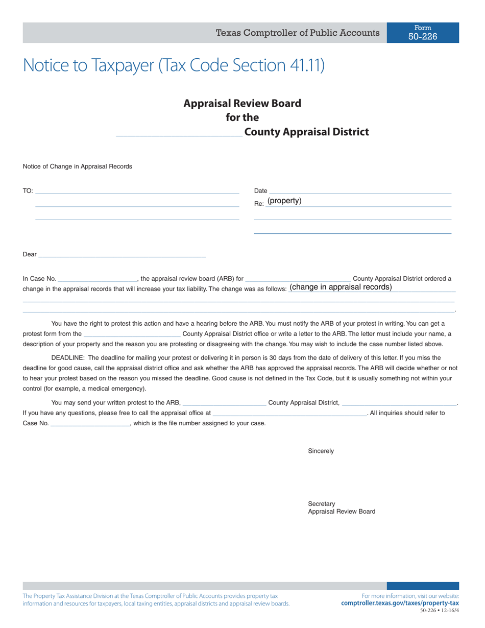 Form 50-226 Notice to Taxpayer (Tax Code Section 41.11) - Texas, Page 1