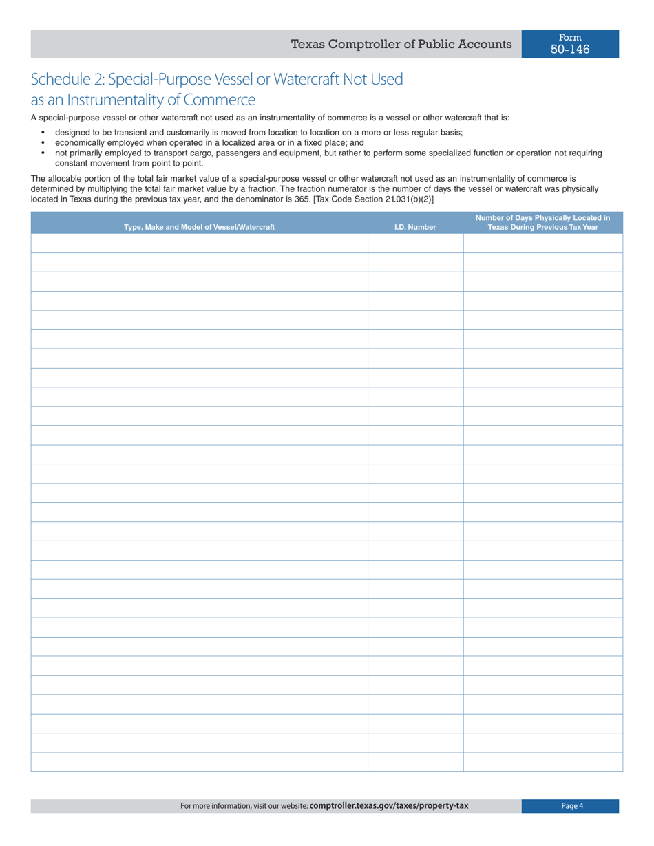 Form 50-146 Application for Interstate Allocation of Value for Vessels or Other Watercraft - Texas, Page 4