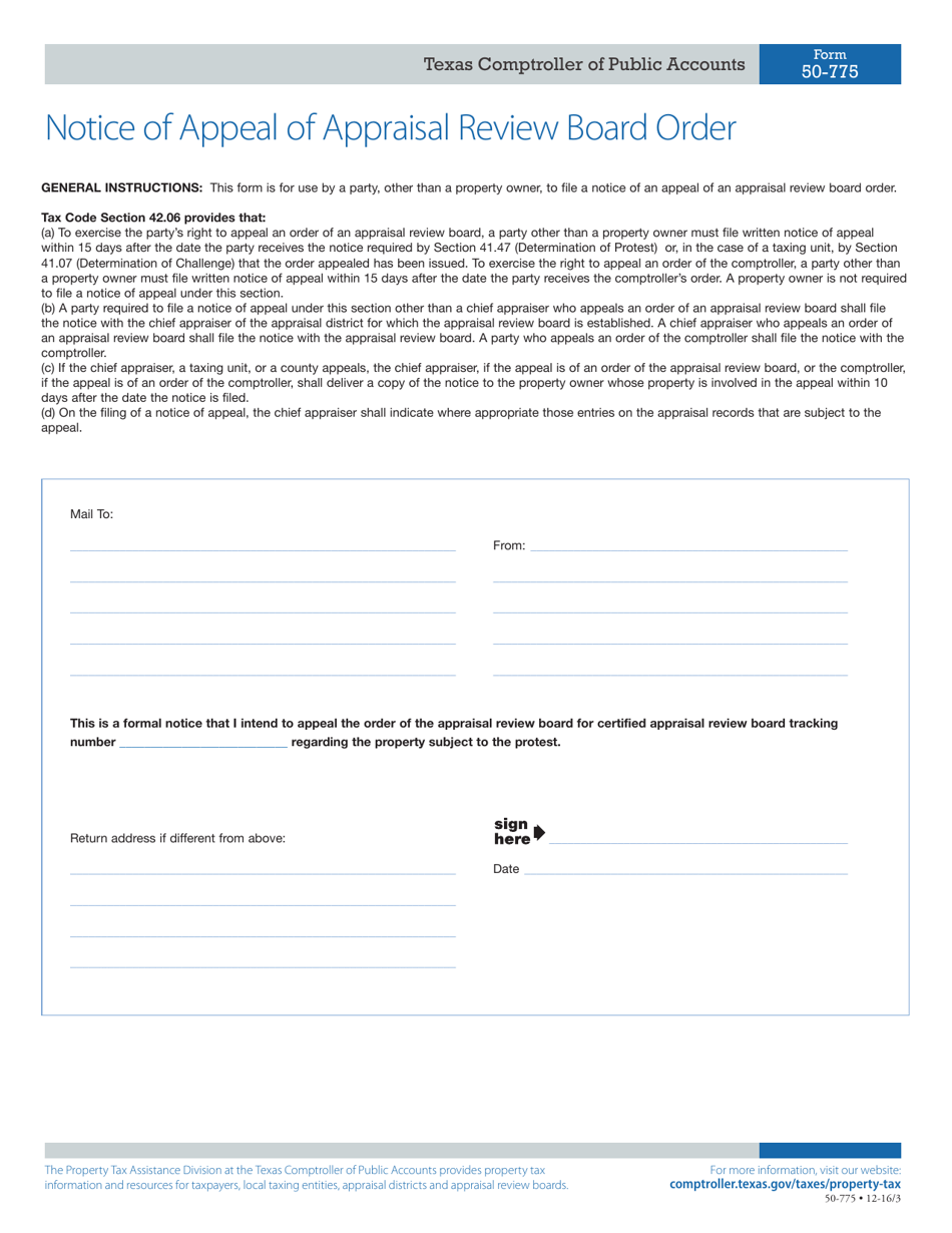 Form 50-775 Notice of Appeal of Appraisal Review Board Order - Texas, Page 1