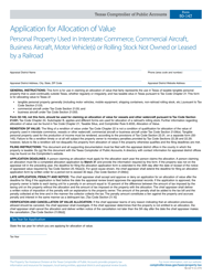 Document preview: Form 50-147 Application for Allocation of Value - Personal Property Used in Interstate Commerce, Commercial Aircraft, Business Aircraft, Motor Vehicle(S) or Rolling Stock Not Owned or Leased by a Railroad - Texas